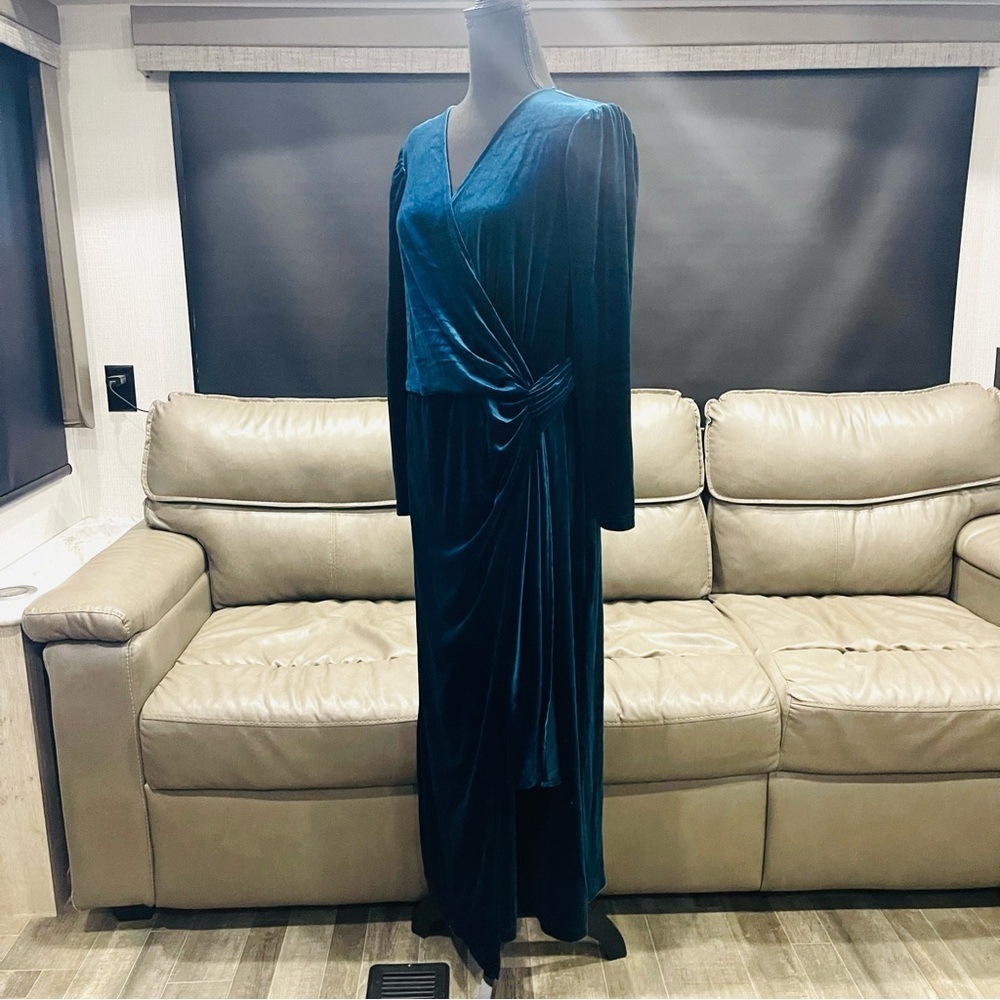 Obeeii Stretch Velvet Long Sleeve Teal Blue Maxi Dress Size XL - Picture 2 of 6